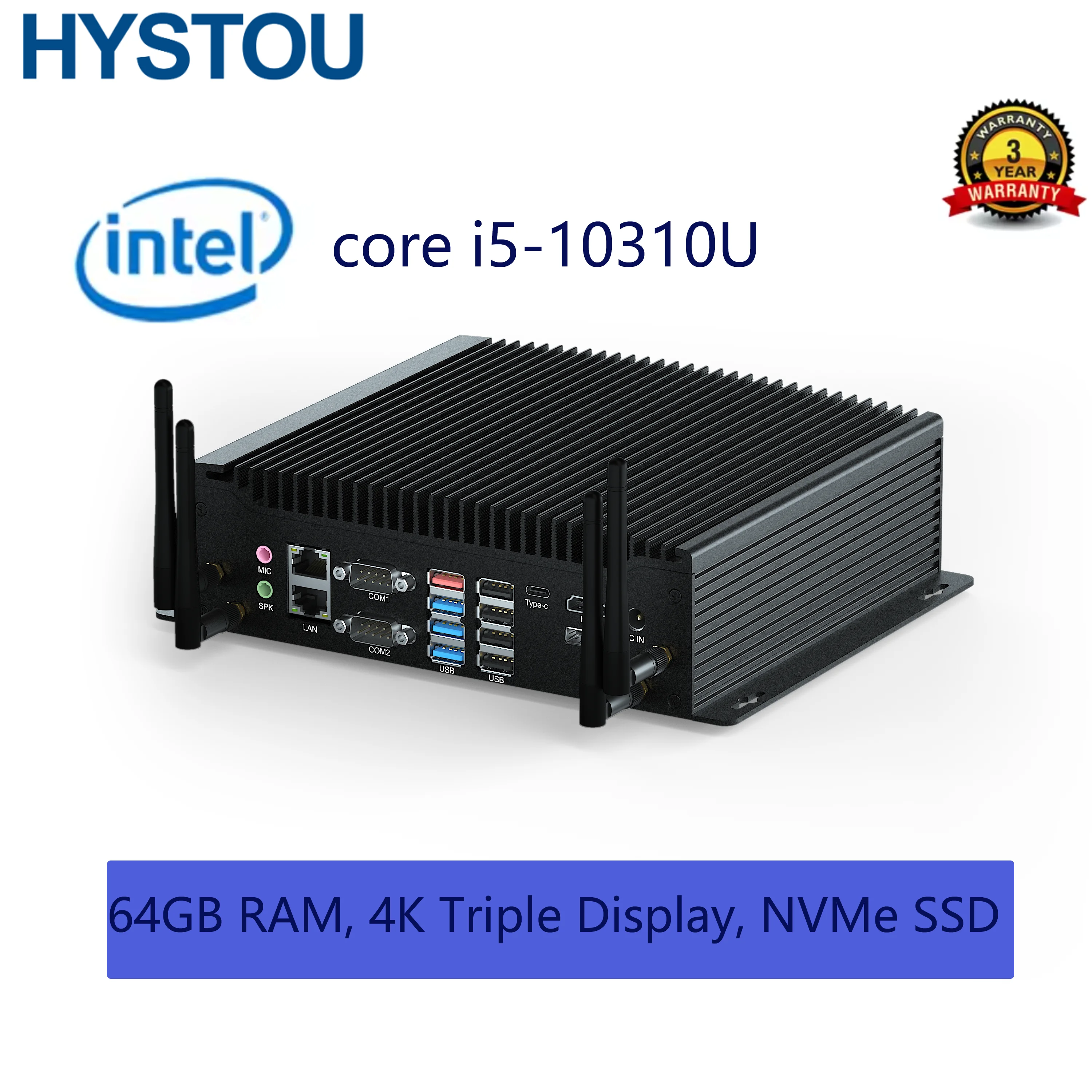

High-Performance Industrial Computer: Intel i5-10th Gen, 64GB RAM, 4K Triple Display, NVMe SSD, TPM 2.0 for Harsh Environment