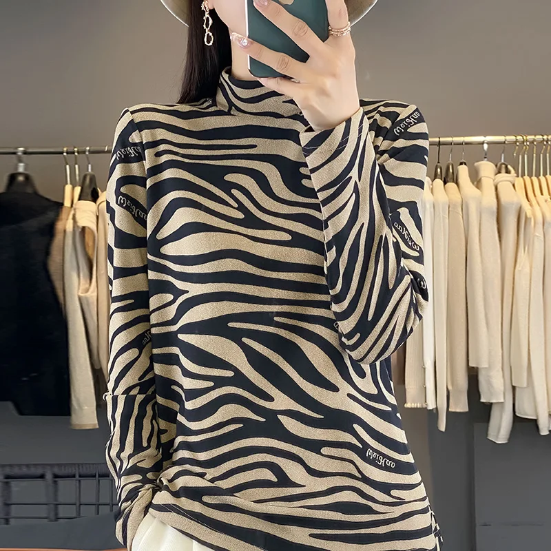 Keep Warm Half High Collar Pullover Bottoming Shirt Female Autumn Winter New Basic Model Printing Soft and Comfortable Top 2024