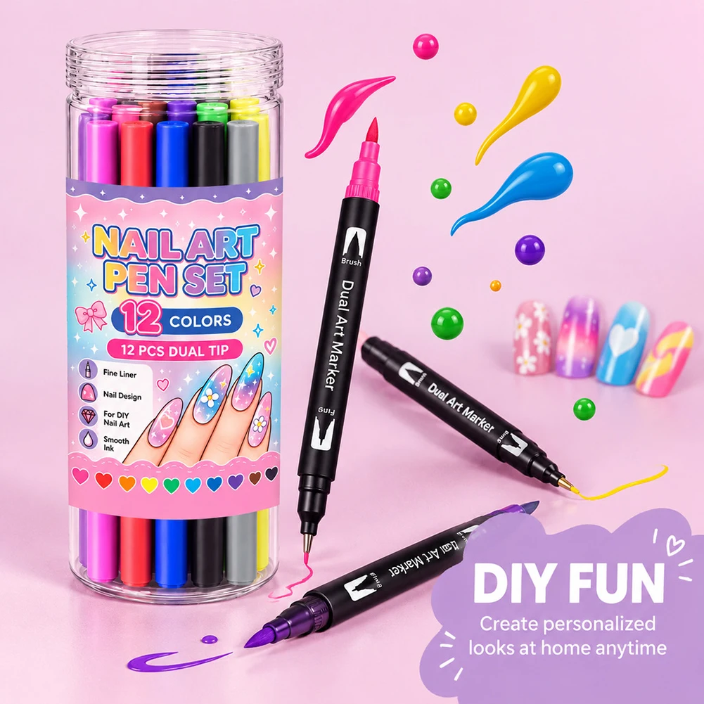 24 Colors Dual Ended Nail Art Pens Set Fine Brush Tips DIY Manicure Nail Markers Nail Painting Brushes for UV Gel Nail Polish