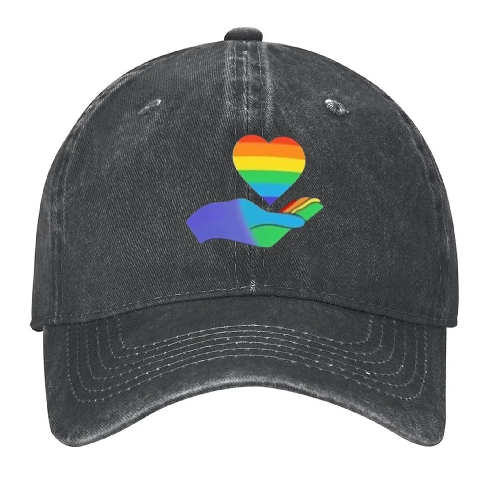 Pride Heart Hand Print Washed Baseball Cap Gay Love Rainbow Adjustable Casual Outdoor Dad Hat