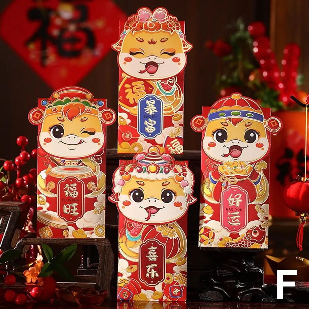 Baru 4 buah 2025 Tahun Baru Cina amplop merah Kartun Tahun pernikahan ular Beruntung Festival Hongbao paket Musim Semi kantong uang O3D9