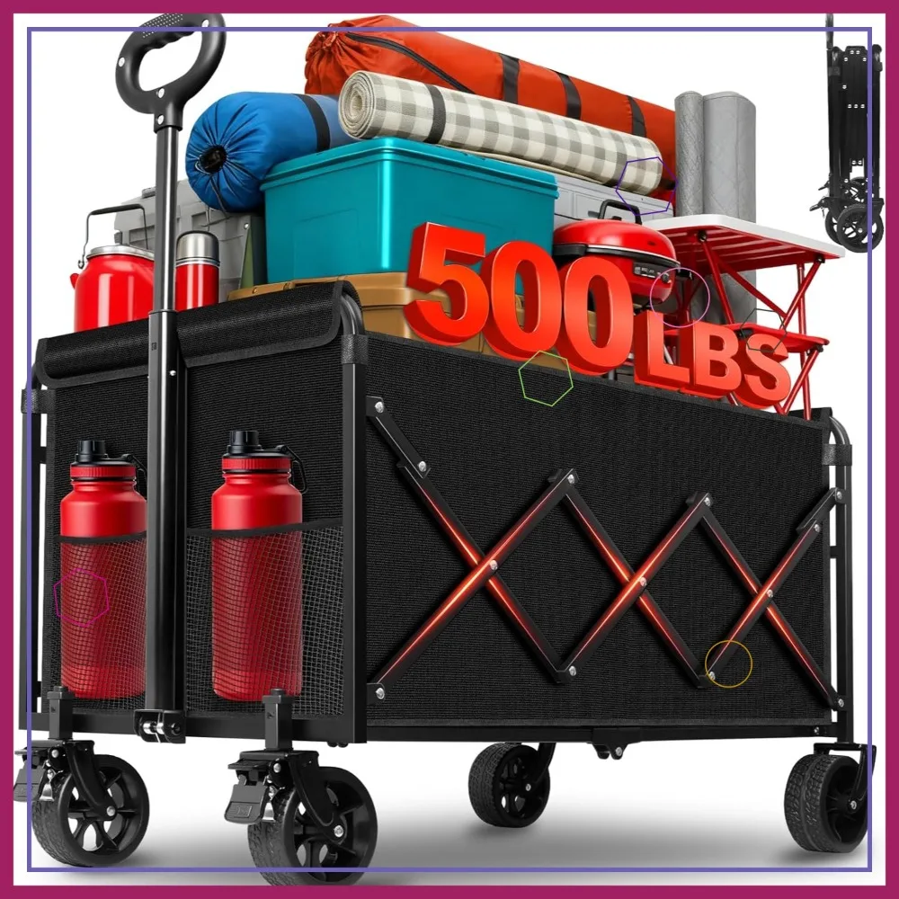 

Collapsible Heavy Duty Wagon Cart Foldable with Brakes, All-Terrain Wheels for Camping, Beach, Sports & Shopping