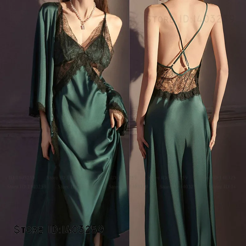 SEXY Women's Pajama Long Robe Nightgown Set Elegant Hollow Out Lace Backless Nightdress Sleepwear Silky Satin Lingerie Homewear