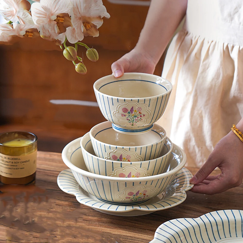 Striped Floral Bowls Tableware Sets Durable Ceramic Rice Bowl Blue Thread Flower Shape Serving Plate Household Porcelain Plate