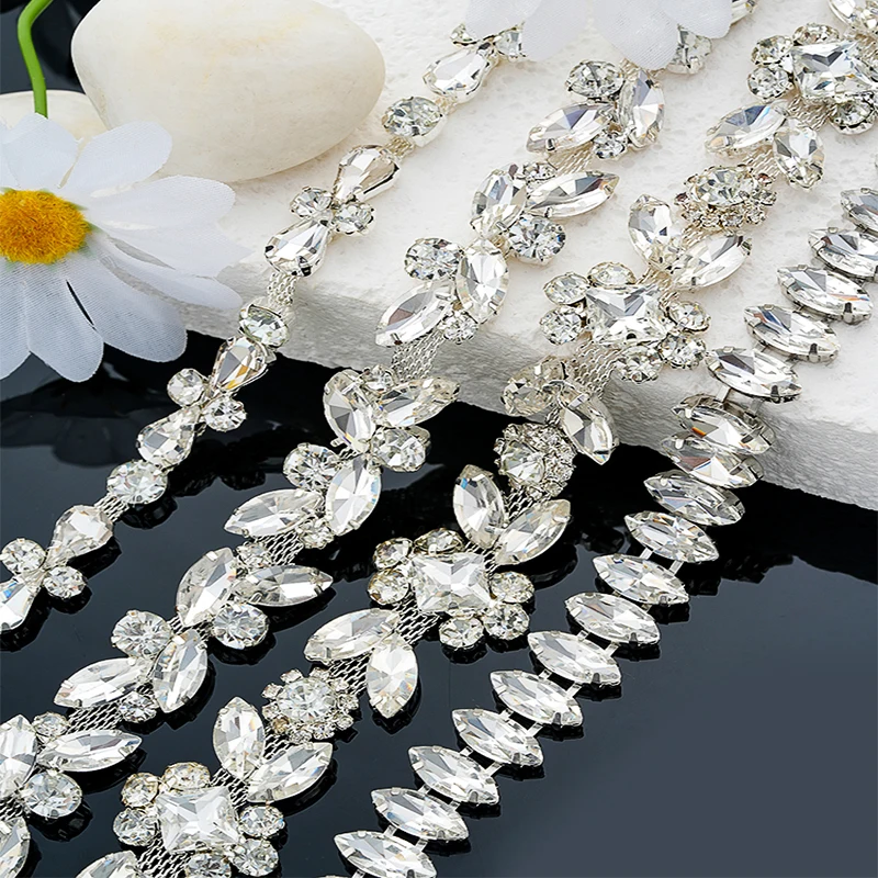 DUCRYSTARL 1Yard/90CM Rhinestone Claw Chain Silver Base Sew on Crystal Rhinstone Chain Trim Dress Garment Accessories