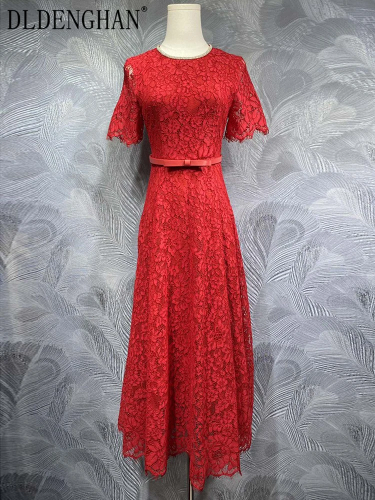 

DLDENGHAN Women's Diamonds O-Neck Short Sleeve Sashes Vintage Lace Dresses Fashion Spring New