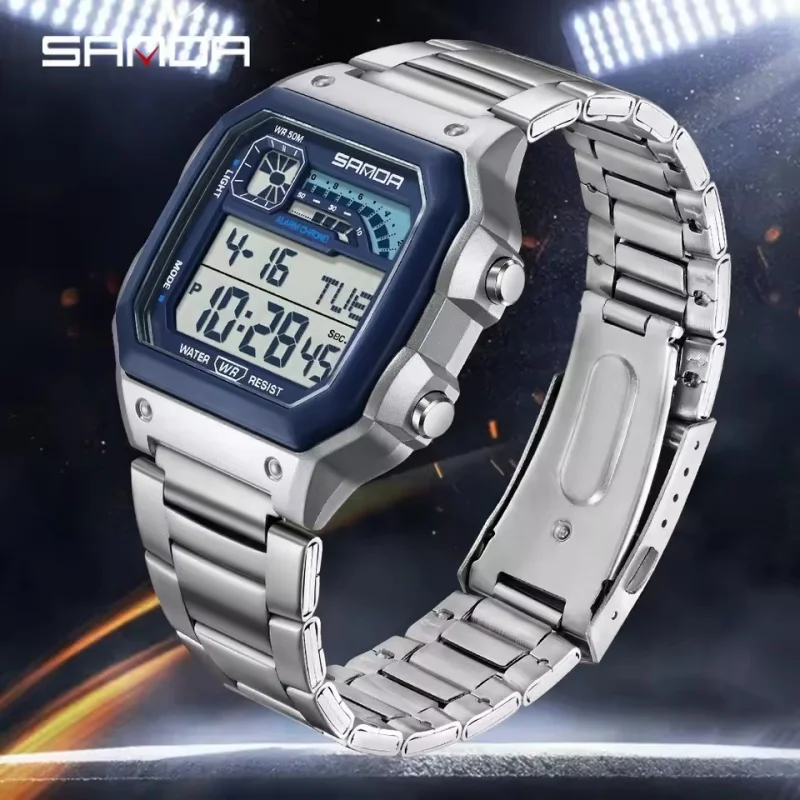 Jam Tangan Elektronik Pria SANDA 6196 Baru 2025 Multifungsi Alarm Kalender Tahan Air LED Digital Olahraga Tali Baja reloj