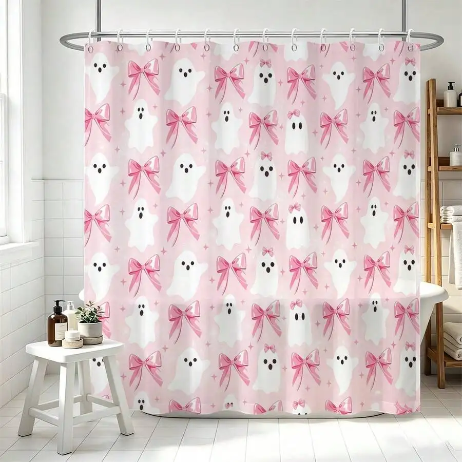 1pc Pink Bow Ghost Halloween Shower Curtain -, Bathroom Curtain -, Decorative Shower Curtain, Bathroom Accessories Home Decor Gift - Includes 12 Hooks