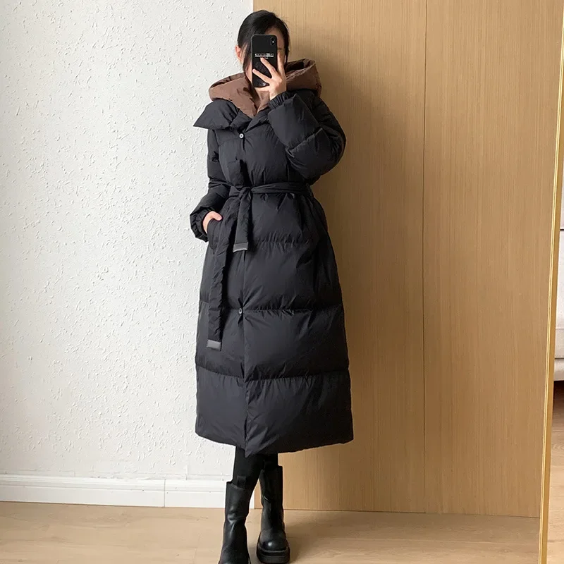 Winter Women Fake Two-piece Detachable Hooded Puffer Jacket Luxury Long 90% White Duck Down Coat Thick Warm Windproof Snow Parka