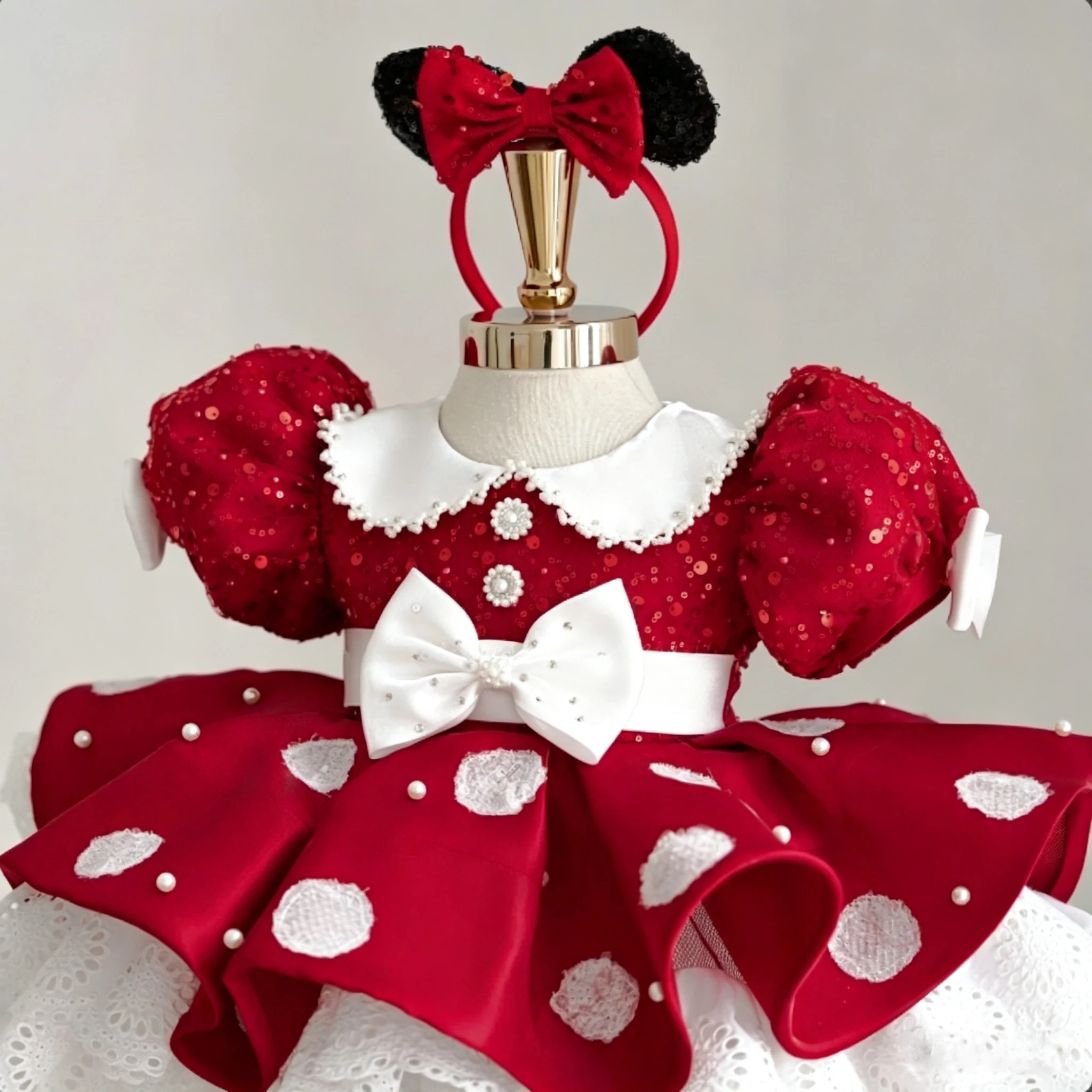 Baby Girl Red Princess Ball Gown Dress Sequin Pearl With Mouse Ear Headband for 1st Birthday Party Photography Christmas B645