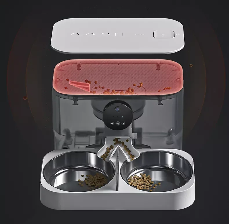 Double Bowls Two-way Splitter smart Automatic dry Food Dispenser 5L Large Capacity Stainless Steel Bowl