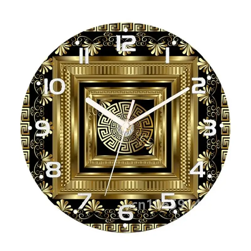 Luxury Black Gold Greek Key Meander Wall Clock Watch for Living Room Home Decor Modern Digital Round Wall Clocks 10 12 14 inch