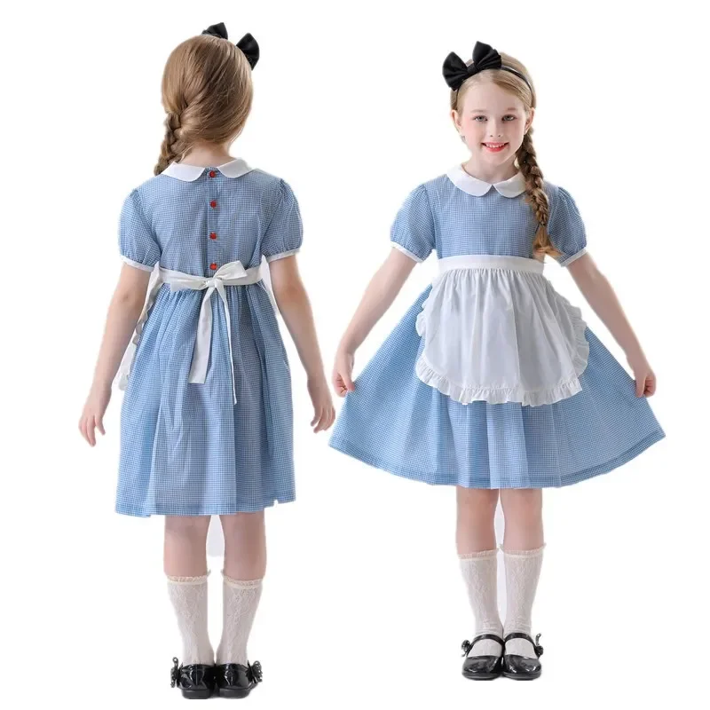 Wizard of Oz Dorothy Children Cosplay Costume Girl Blue White Plaid Princess Dress Traditional Oktoberfest Dirndl Maid Outfit