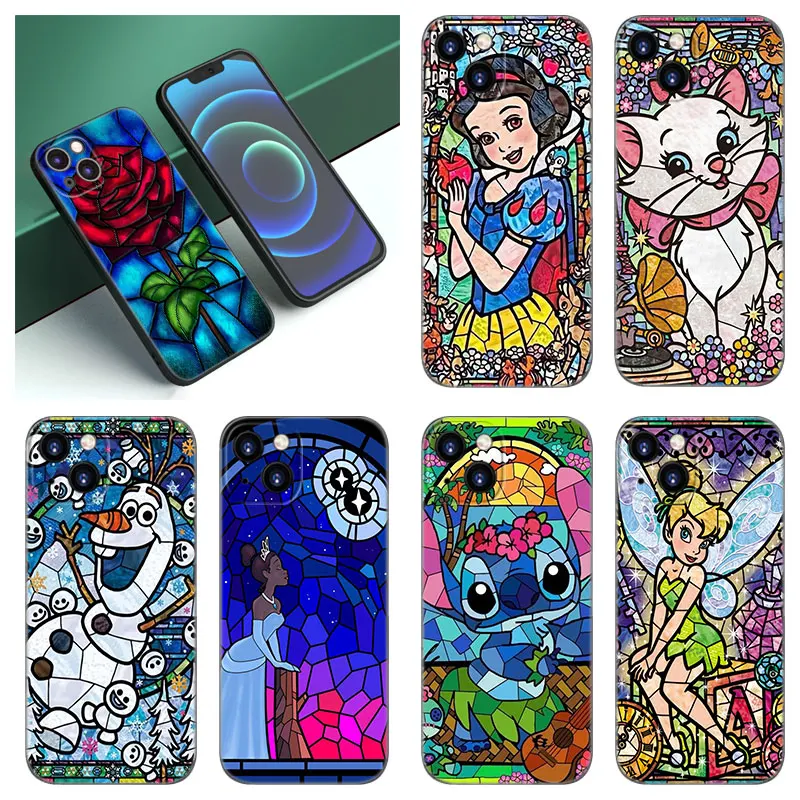 Disney Mosaic Princess Black Silicone Phone Case For Apple iPhone 12 13 Mini 11 14 15 Pro Max 7 8 Plus X XR XS SE 2020 2022