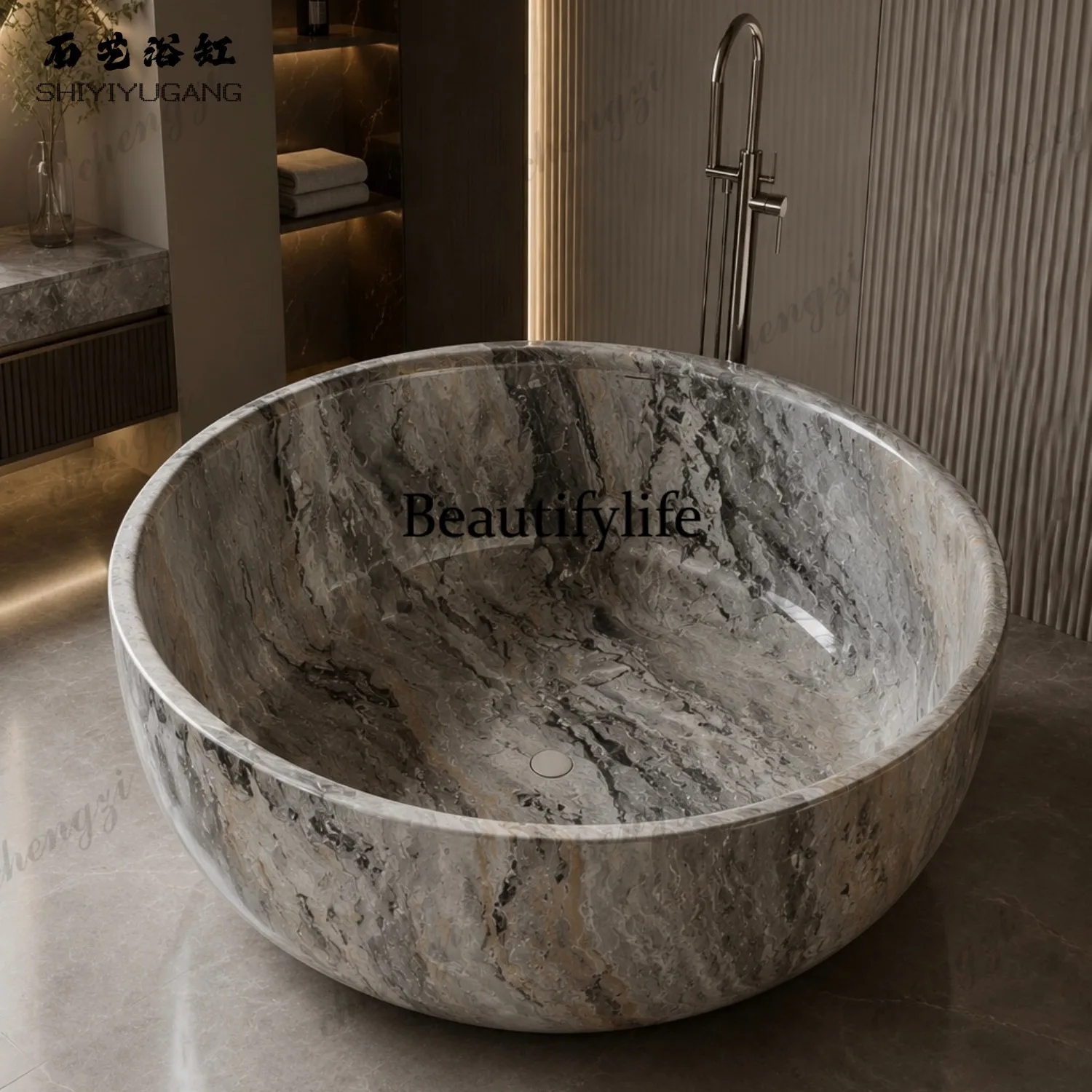 Enamel gold round artificial stone Qimei stone bathtub double couple independent integrated