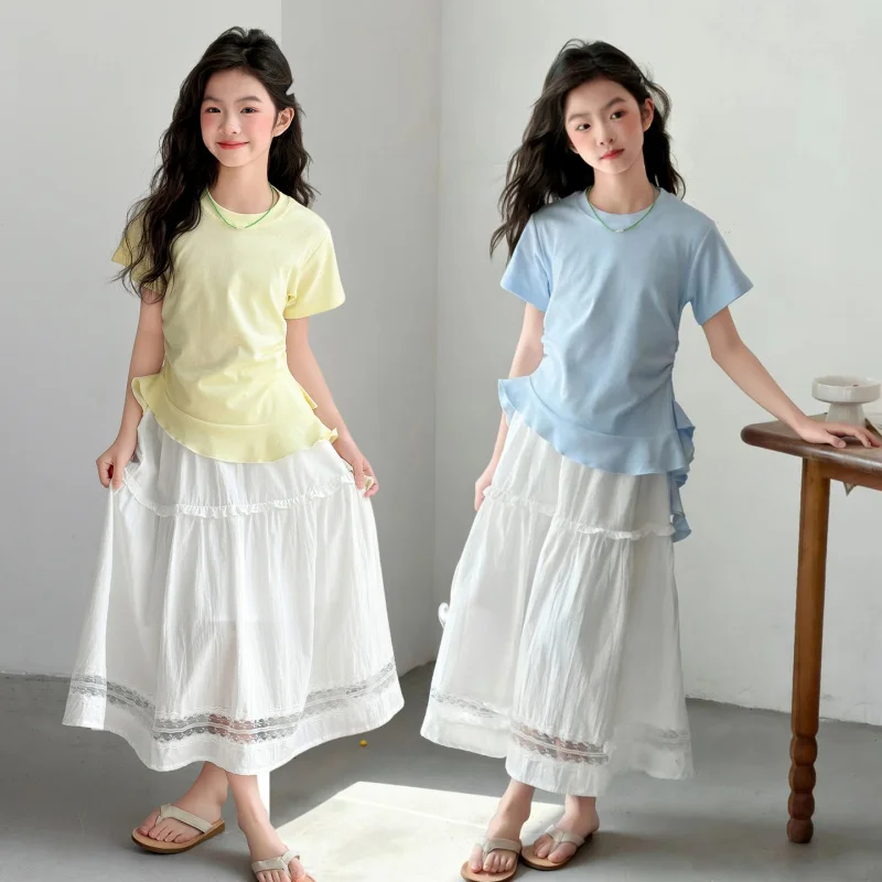 

Girls' Lace Skirt Set2026New Summer Irregular Short-Sleeve Two-Piece Set for Older Children