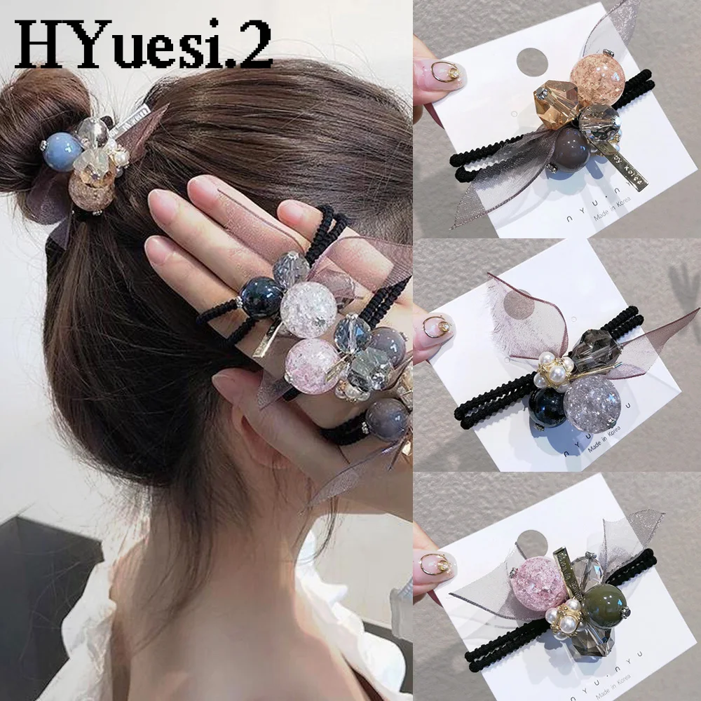 Fashion Rhinestone Beaded Hair Tie Bracelets Elasitc Crystal Pearl Hair Scrunchies Women Girls Ponytail Holder Elegant Headwear