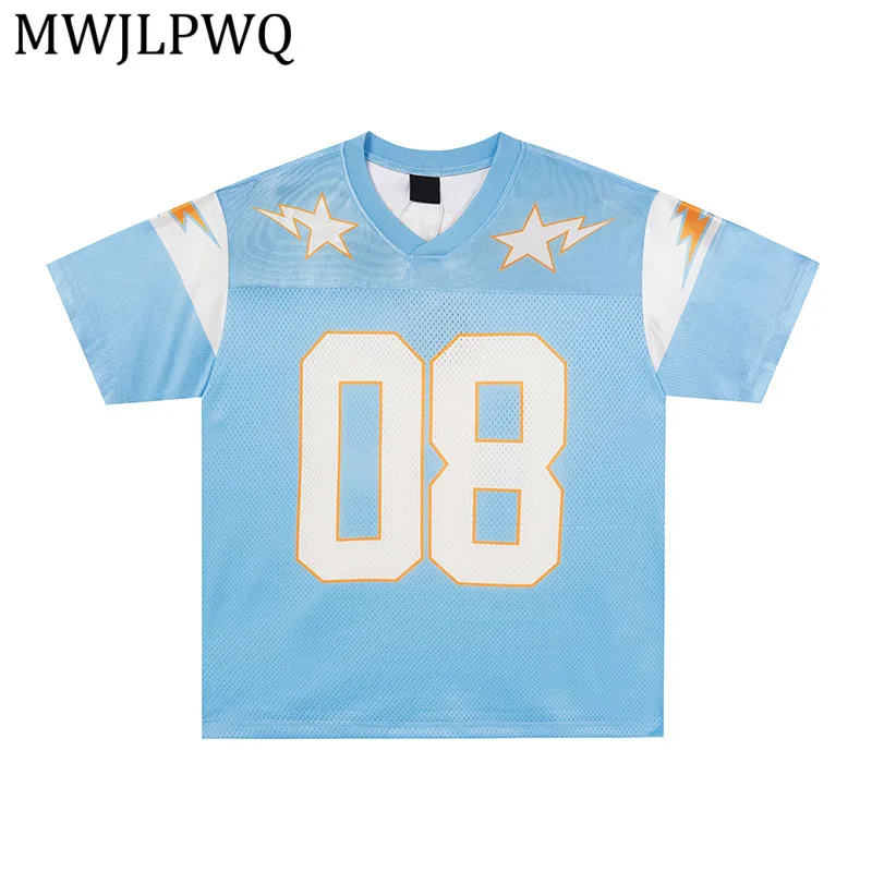 

MWJLPWQ American Retro Style Letter V-Neck Sports T-Shirt For Men And Women Short-Sleeve Summer Satin Cool Loose-Fit Tops 15998