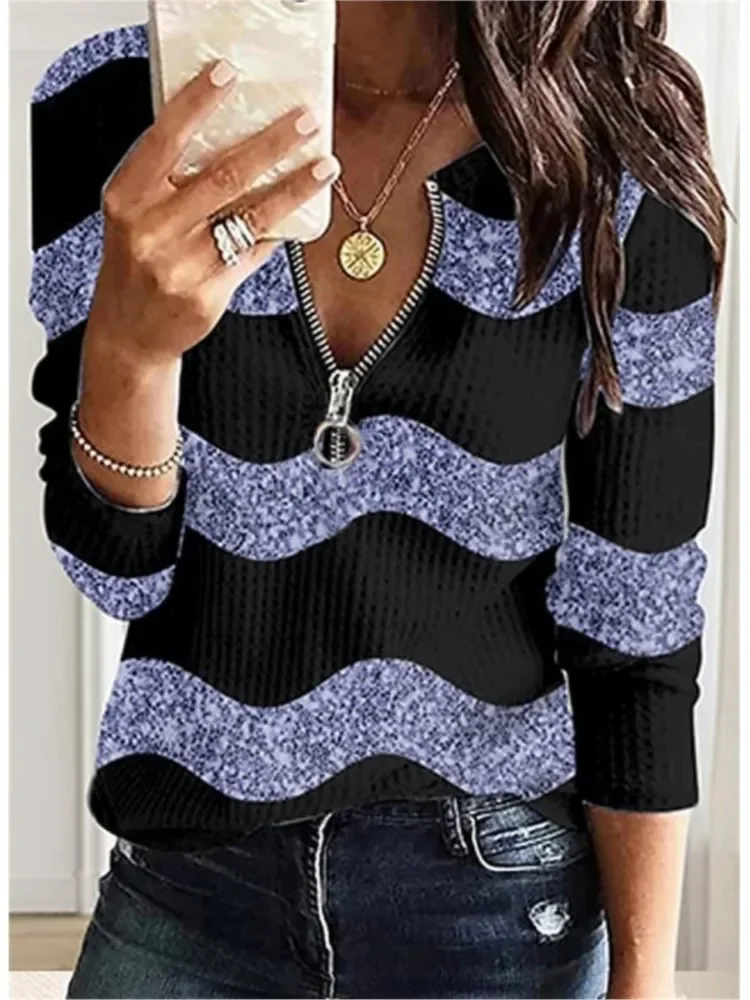 Outono zíper com decote em v manga longa impressão casual topo camisa feminina moda blusas soltas e topos feminino