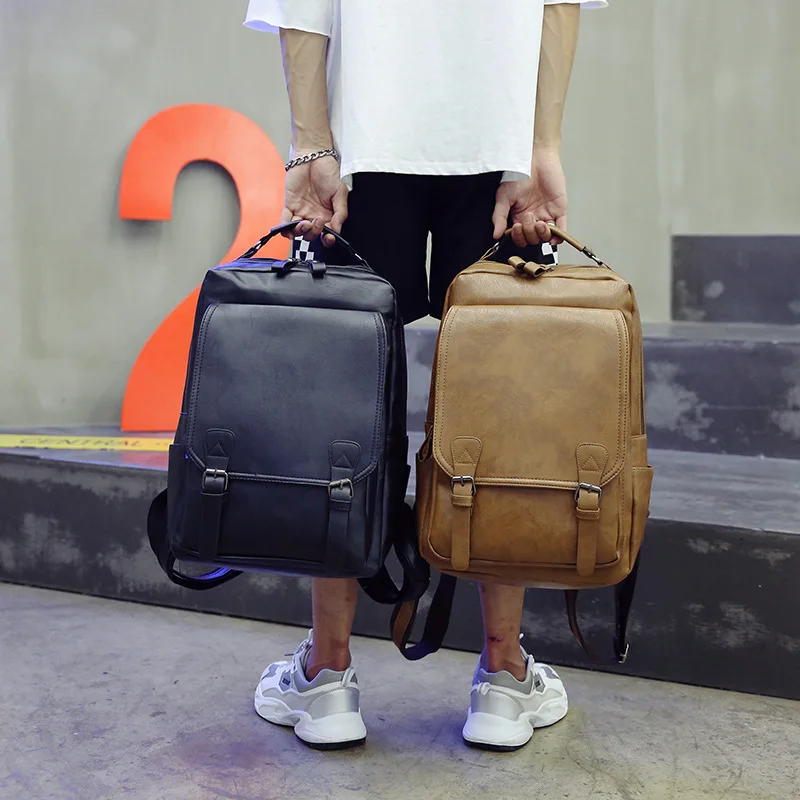 Men's PU Leather Backpack Vintage Business Laptop Bag Waterproof Travel Rucksack for School College Casual Daypack Black Brown