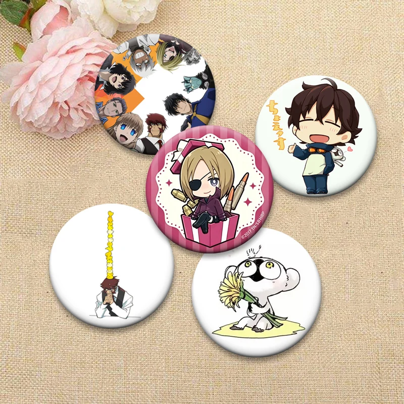 Anime Blood Blockade Battlefront Brooches Leonardo Watch,Klaus V Reinherz,Zapp Renfro Cartoon Badge Ornament Accessory Round Pin