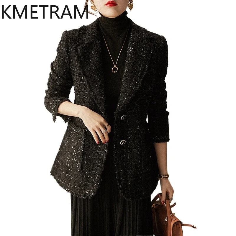 KMETRAM Natural Wool Tweed Jackets Luxury New in Outerwear Black Short Jacket Fall Clothes Women 2024 Chaquetas Para Mujer