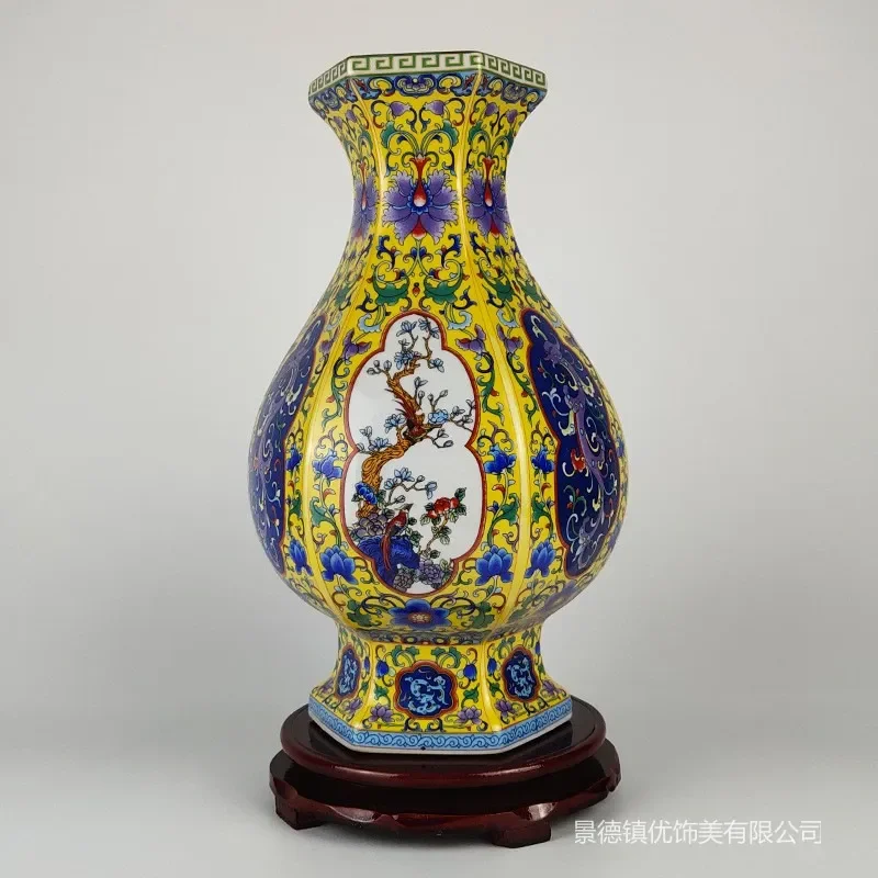 for Jingdezhen Twisted Branch Lotus Dragon Antique Qing Qianlong Yellow Glaze Enamel Color Pastel Gold Painted Hexagonal Vase