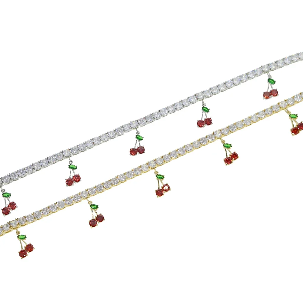 

Summer New Iced Out Sparking Bling 5A Cz Paved Cute Lovely Cherry Charm Clear Cz Tennis Chain Choker Women Necklace 32+10cm