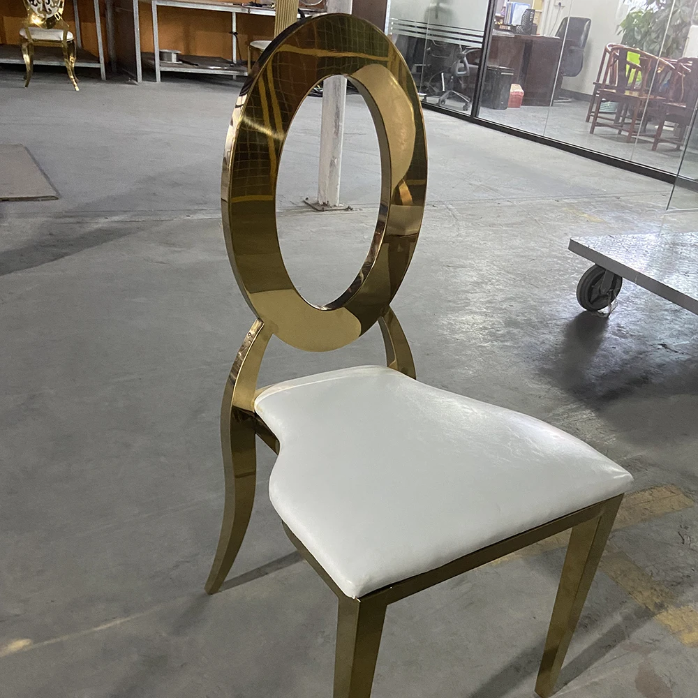 TOP Hotel Stackable O Back Chair Oval Gold StaInless Steel White Leather Wedding Chair