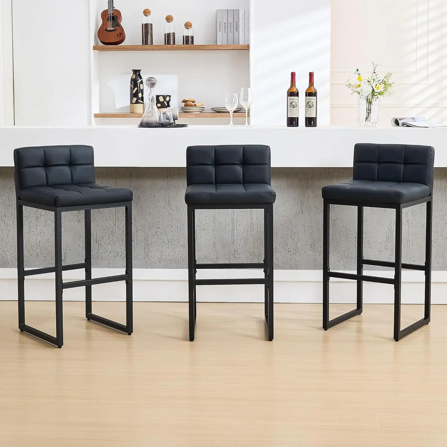 

Bar Stools Set of 3, PU Leather Bar Height Barstools, 30" High Top Bar Stools with Back and Thickened Metal Legs, Upholstered Is