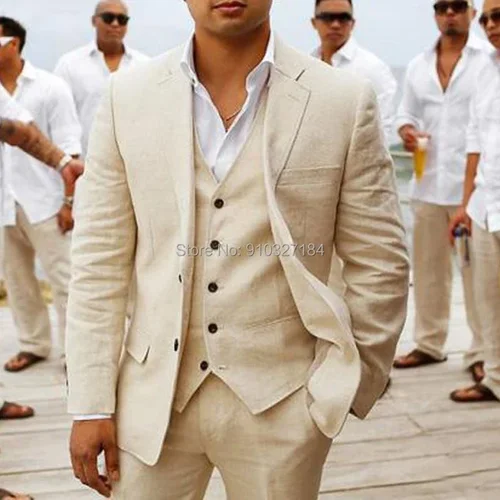 Imagen 2 del producto Esmoquin de boda de lino Beige para padrino de boda, trajes de verano con solapa con muescas, traje de moda informal personalizado para hombre, 3 piezas