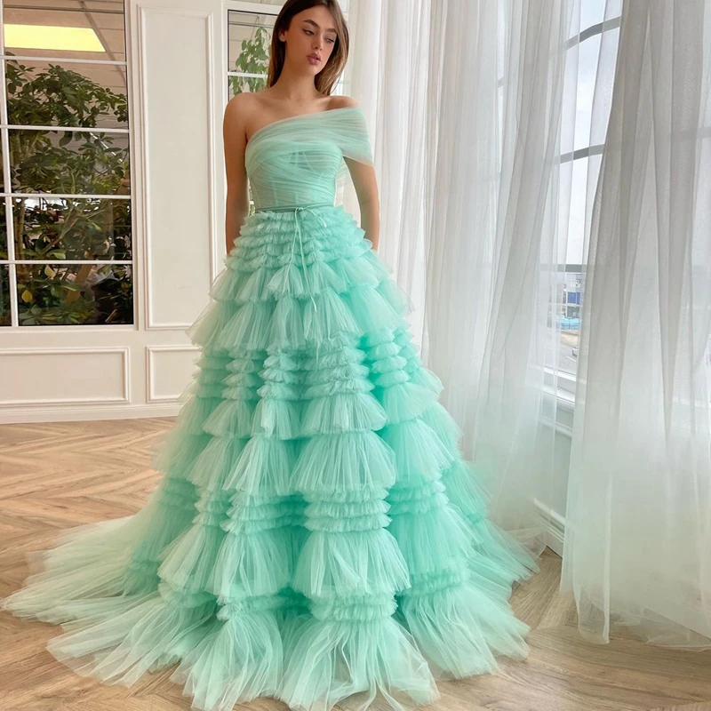 

One Shoulder Puffy Mesh Prom Dresses Pretty Turquoise Ruffles A Line Celebrity Party Gowns Custom Made Women Pageant Dress