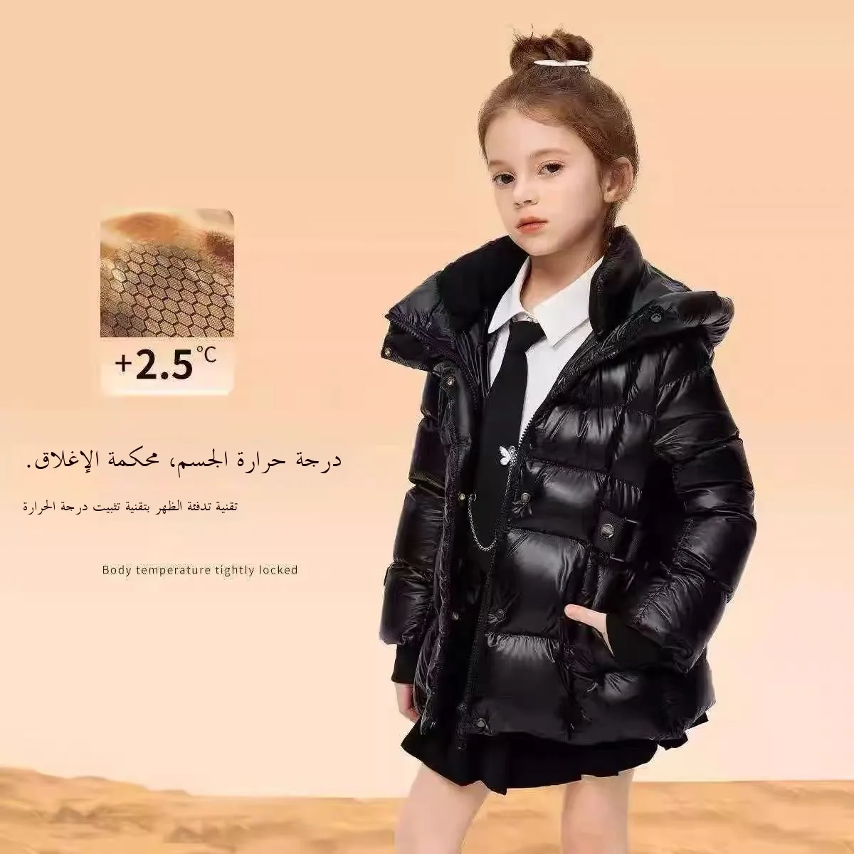 girls'-short-black-gold-down-jacket-warm-children's-clothing-princess-style-long-sleeve-zipper-closure-duck-down-filled-coat