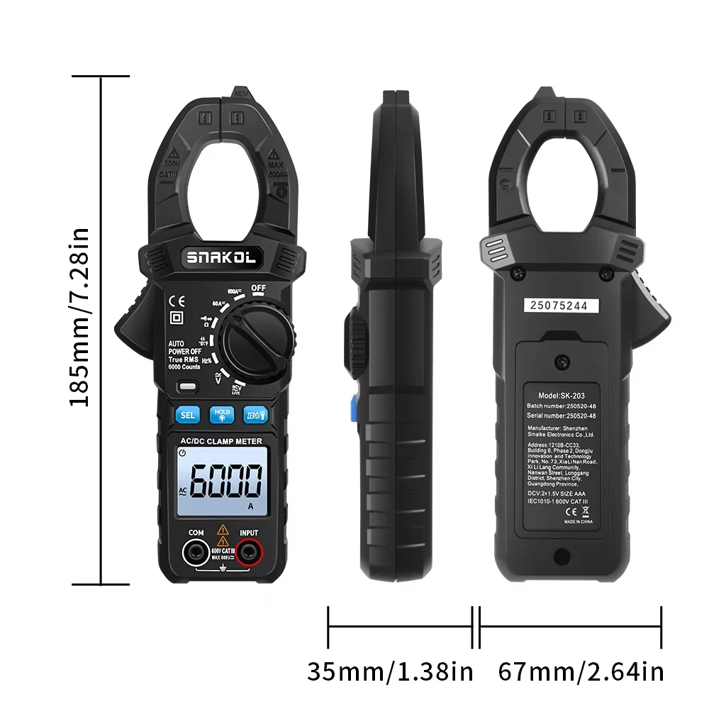SNAKOL Clamp Meter Multimeter AC/DC Voltage Current 6000 Counts Ammeter Voltmeter NCV Resistance Capacitor Tool Electrician