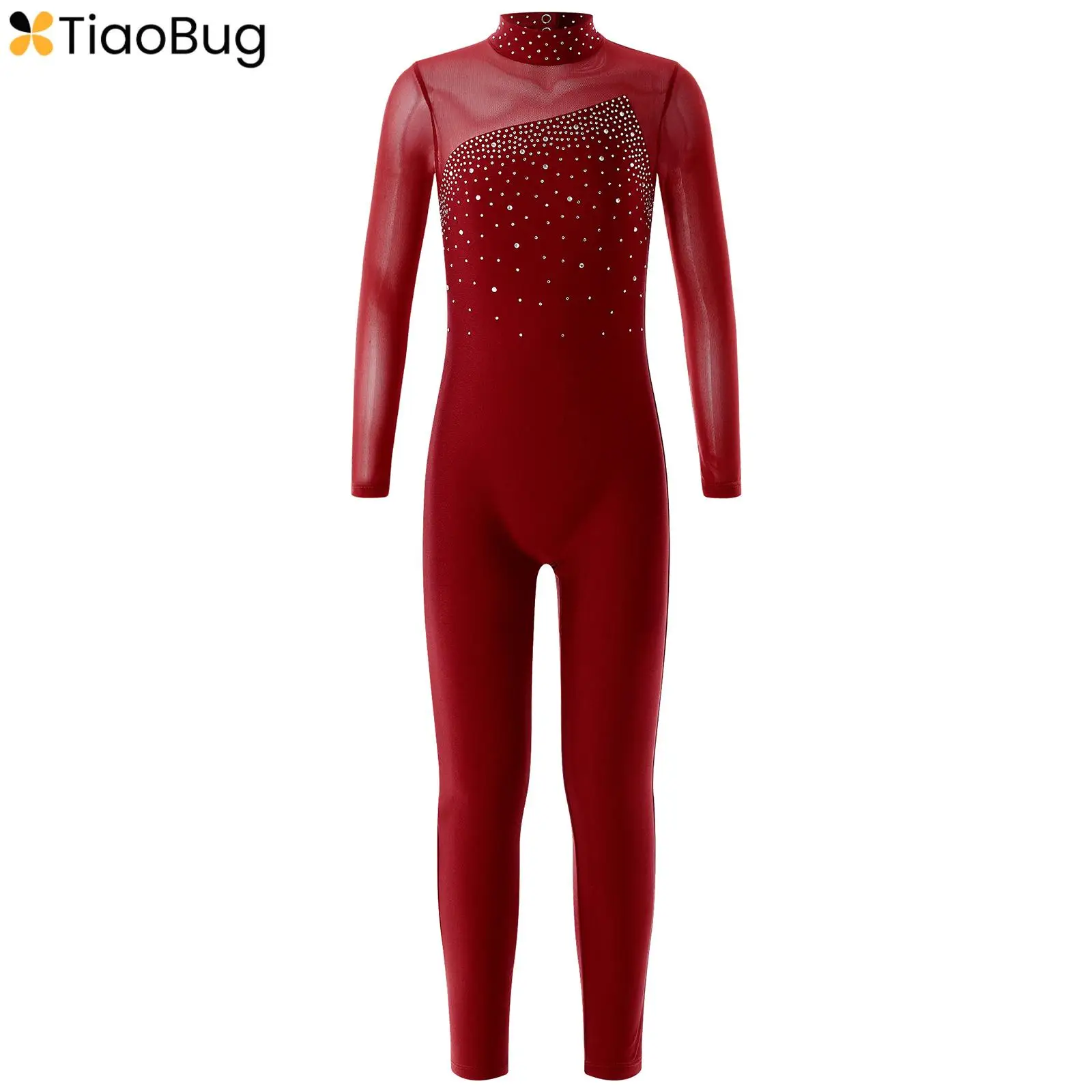 

Kids Girls Shiny Rhinestone Long Sleeve Gymnastics Leotard Figure Ice Skating Jumpsuit Full Body One Piece Bodysuit Performance