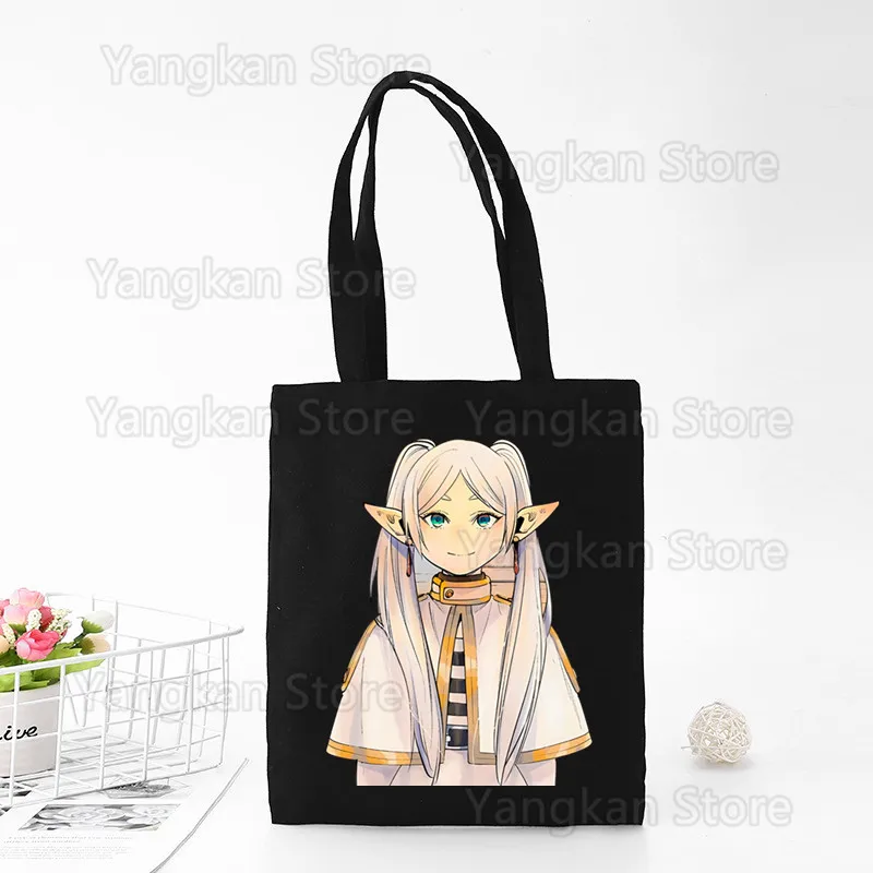 Frieren Harajuku Art Shopping Black Bags Canvas Tote Bag Printed Cartoon Reusable Cloth Bag Handbag Shoulder Bags Custom