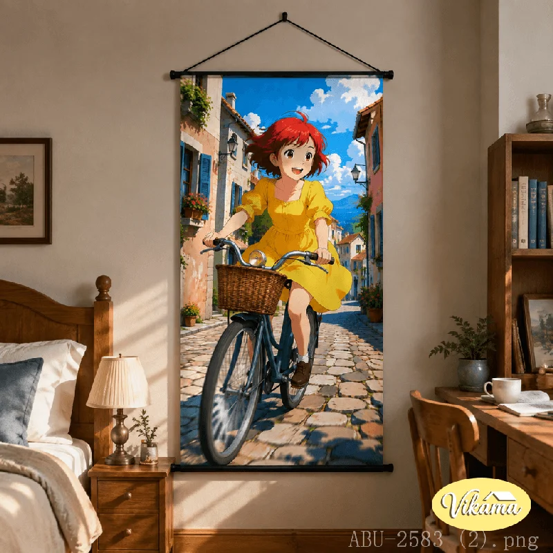 VIKAMA Vertical Anime Hanging Scroll Red Hair Girl Riding Bicycle Town Canvas Poster Wall Hanging Anime Room Decor