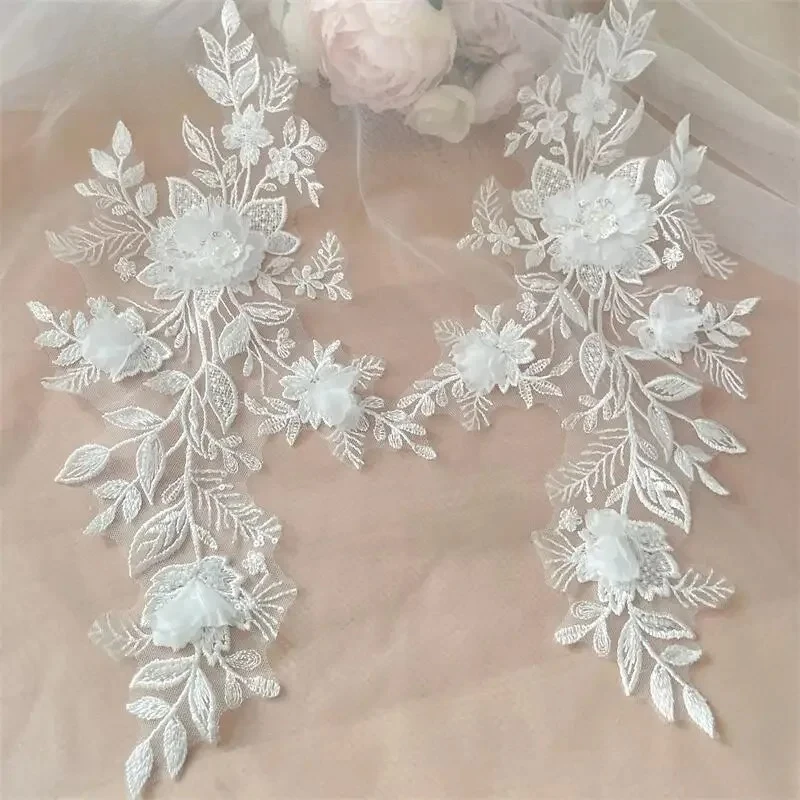

New White 3D Applique Beaded Lace Mirror Flowers.Flower Leaves Embroidery Wedding Dress Headdress.DIY Sewing Supplies Patch