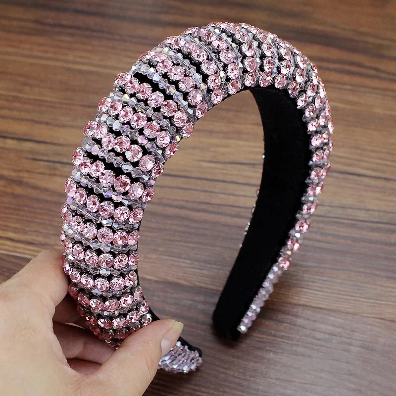 Handwoven Colorful Pink Crystal Beaded Padded Luxury Hairbands Baroque Headbands For Women Wedding Hair Accessories