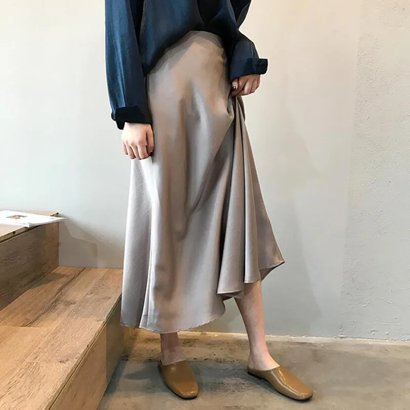 

Vintage Satin Long Skirt Women High Wasit Temperment Elegant A-Line Skirt s159