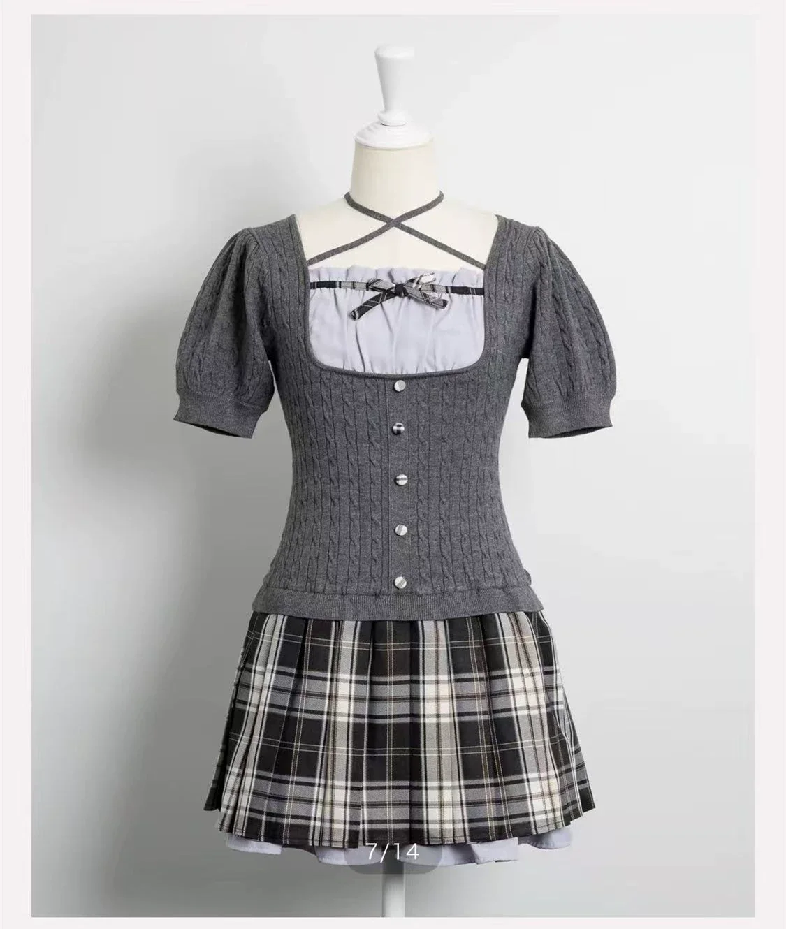 Japanese Style Women's Dress Summer Autumn 2026 New Girl's Short Sleeve Dress Bow Tie Strapless Twists Knitting Plaid Dress