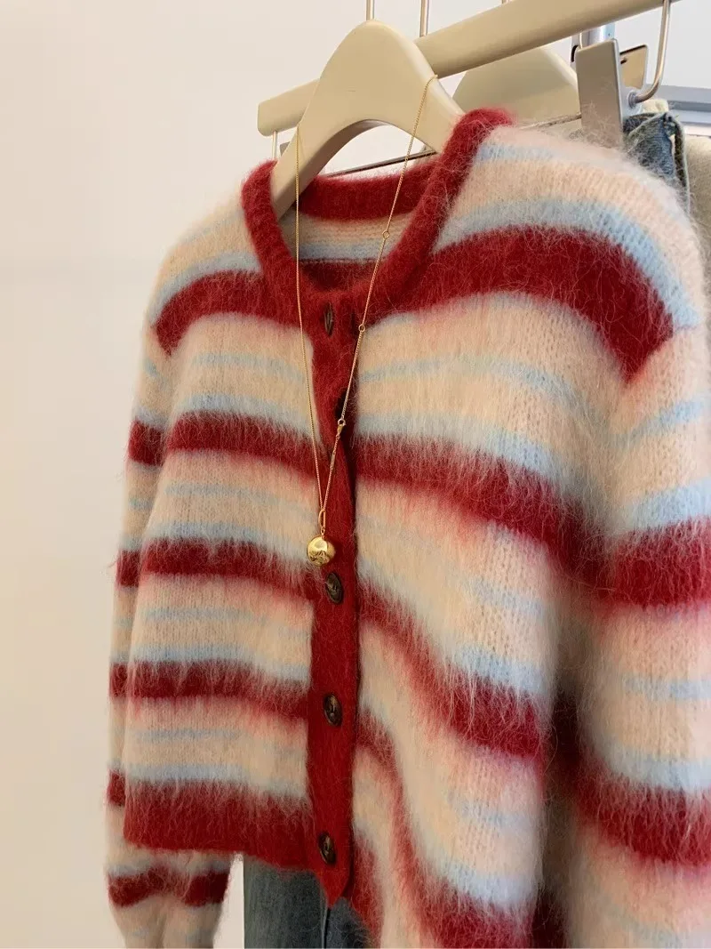 Sweet Red Striped Mohair Knitting Cardigan For Women Autumn Winter New Fashion Round Collar Single Breasted Sweater Coats