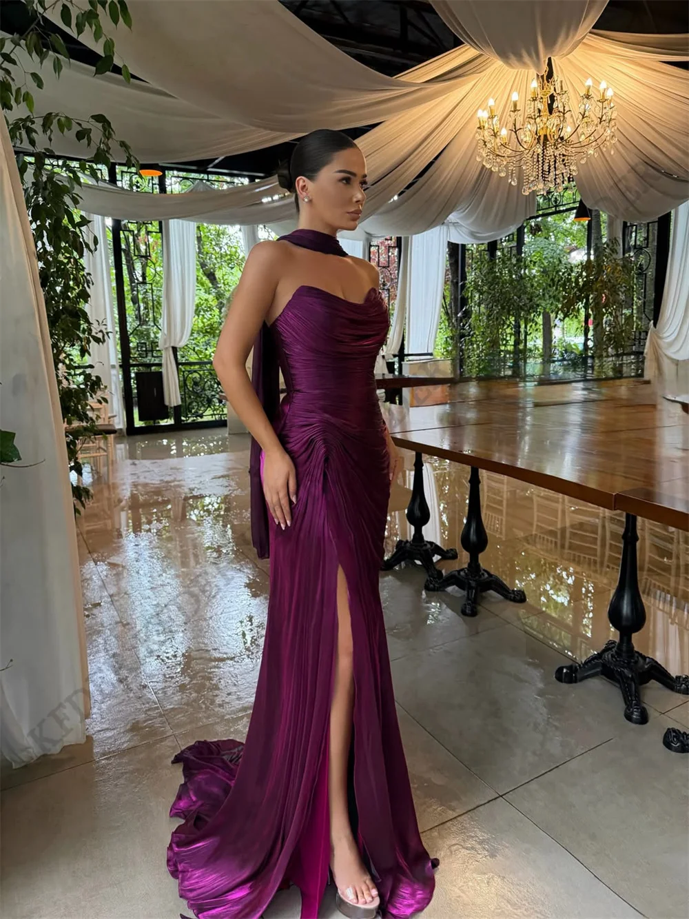 Dubai Woman Evening Dresses For Events Luxurious Shiny Chiffon Side Slit Special Occasion Prom Gowns Customized réveillon - view 4