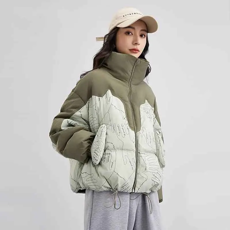 Zoki Winter Warm Parkas Women Y2K Korean Loose Streetwear Stand Collar Prin Puffer Jacket Fashion Splicing All Match Down Coats