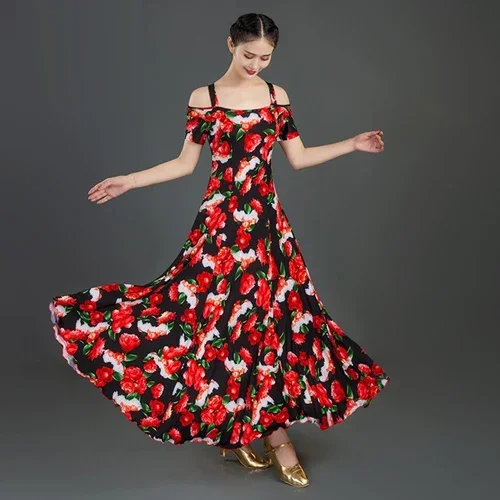 print short-sleeved Ballroom Dance Dress waltz dress for ballroom Dancing Tango Dance costumes Spanish Flamenco Dress