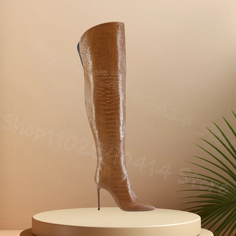 

Brown Crocodile Print Pointed Toe Boots Side Zipper Women Shoes Thin High Heels Fashion Party Banquet 2025 Zapatos Para Mujere