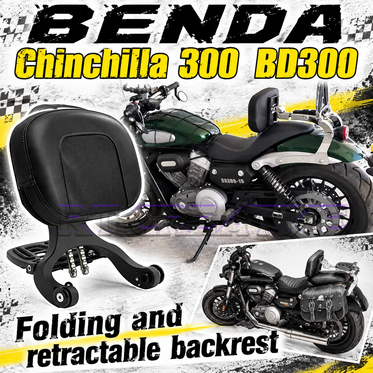 Foldaway Rear Backrest Cushion For BENDA Chinchilla 300 BD300 Motorcycle, Retractable Passenger Support