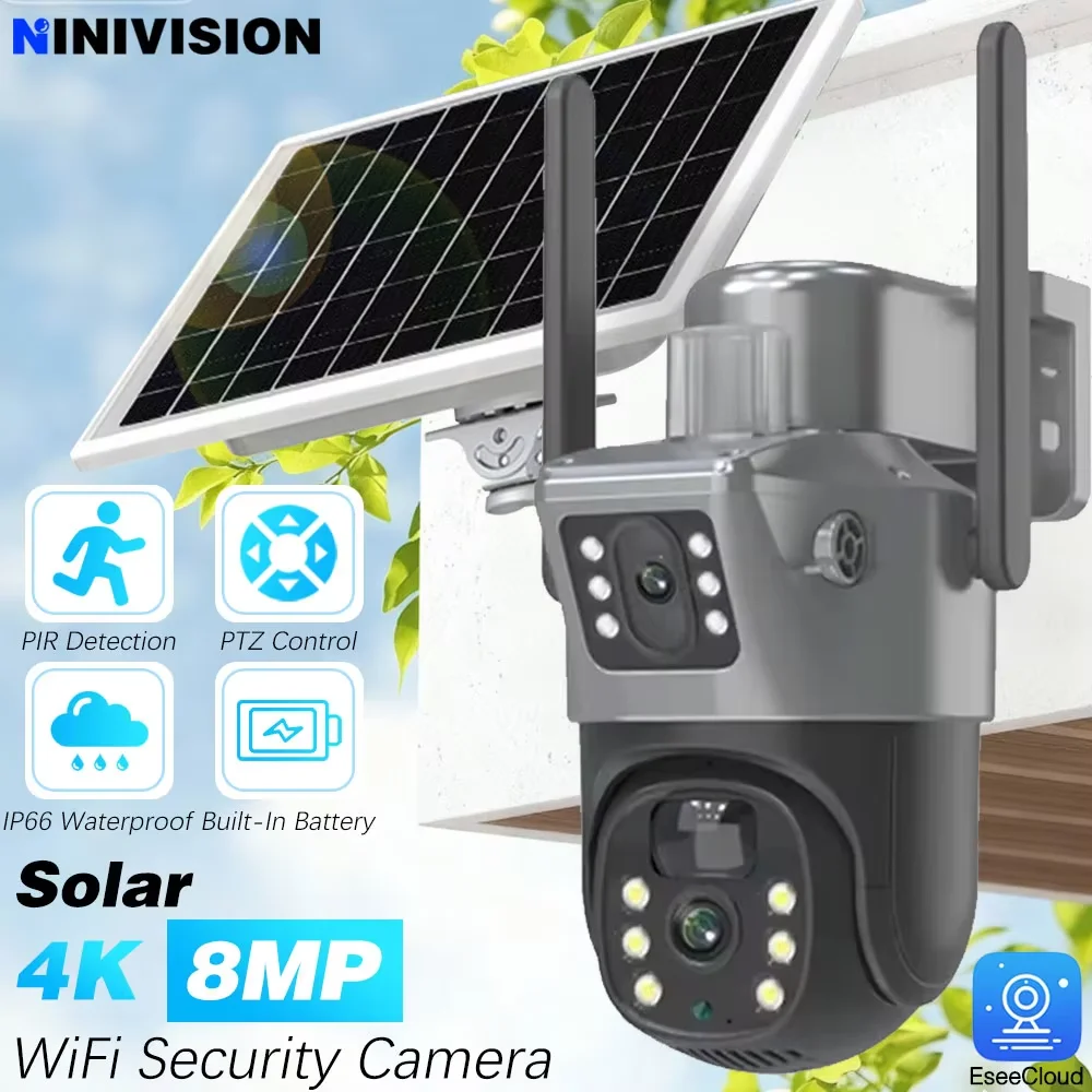 5G 2.4GHZ WIFI Solar PIR Detection Outdoor 8MP 4K Dual Lens Dual Screen PTZ Camera Wireless Low Power Battery Security EseeCloud