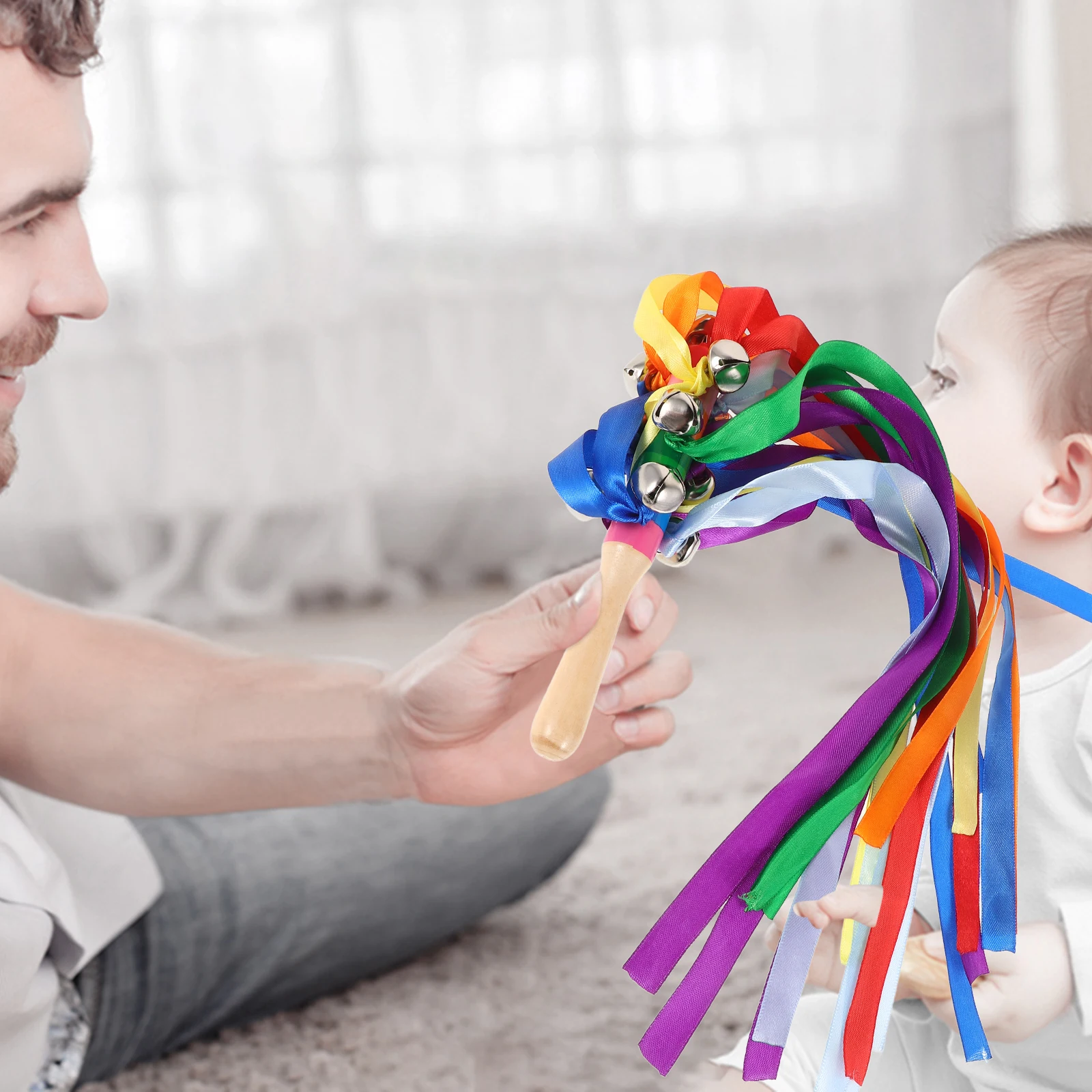 

Rod Bell Rainbow Ribbon Baby Streamer Wooden Hand Bouquet Streamers Dance Ribbons Equipment Stick Colorful