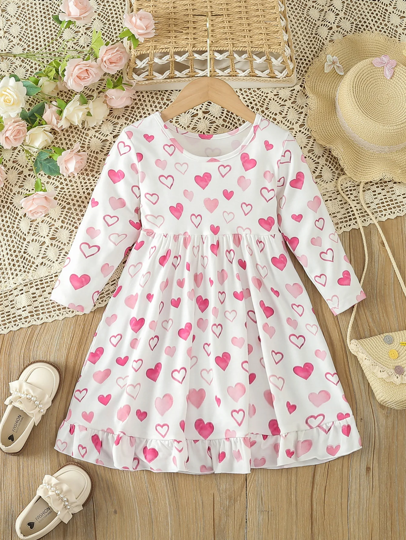 Valentinstag Kinder Mädchen Kleid Nette Baby Mädchen Herz Druck Langarm Kleid Rüschen Trim Mädchen Kleid Kinder Mädchen Kleidung